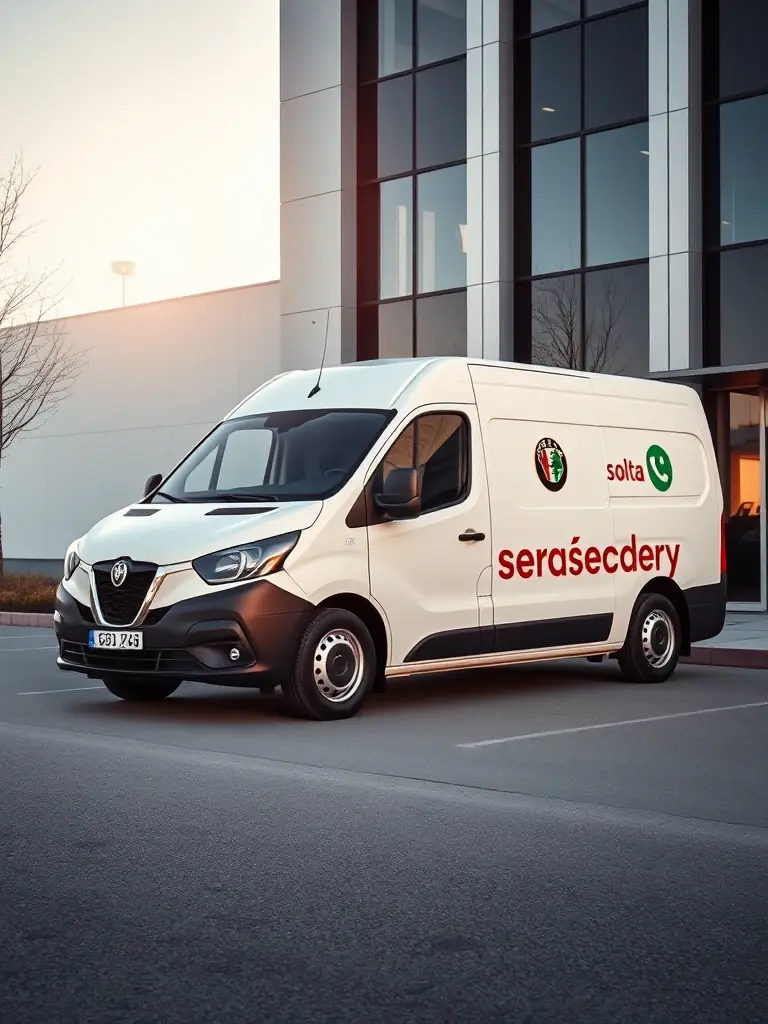 An Alfa Service van parked outside a Solna office building, representing the convenience and flexibility of their services.
