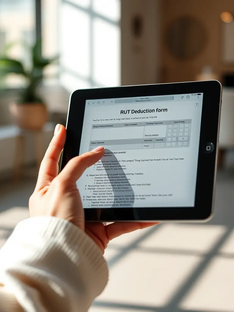 A hand holding a tablet displaying a RUT deduction form, emphasizing the cost savings for residential cleaning clients in Solna.