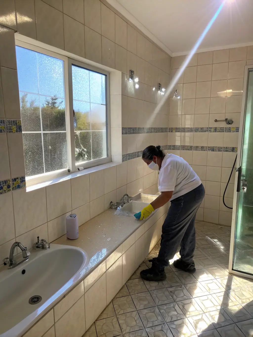 A professional cleaner scrubbing bathroom tiles with cleaning tools, illustrating Alfa Service's deep cleaning service.