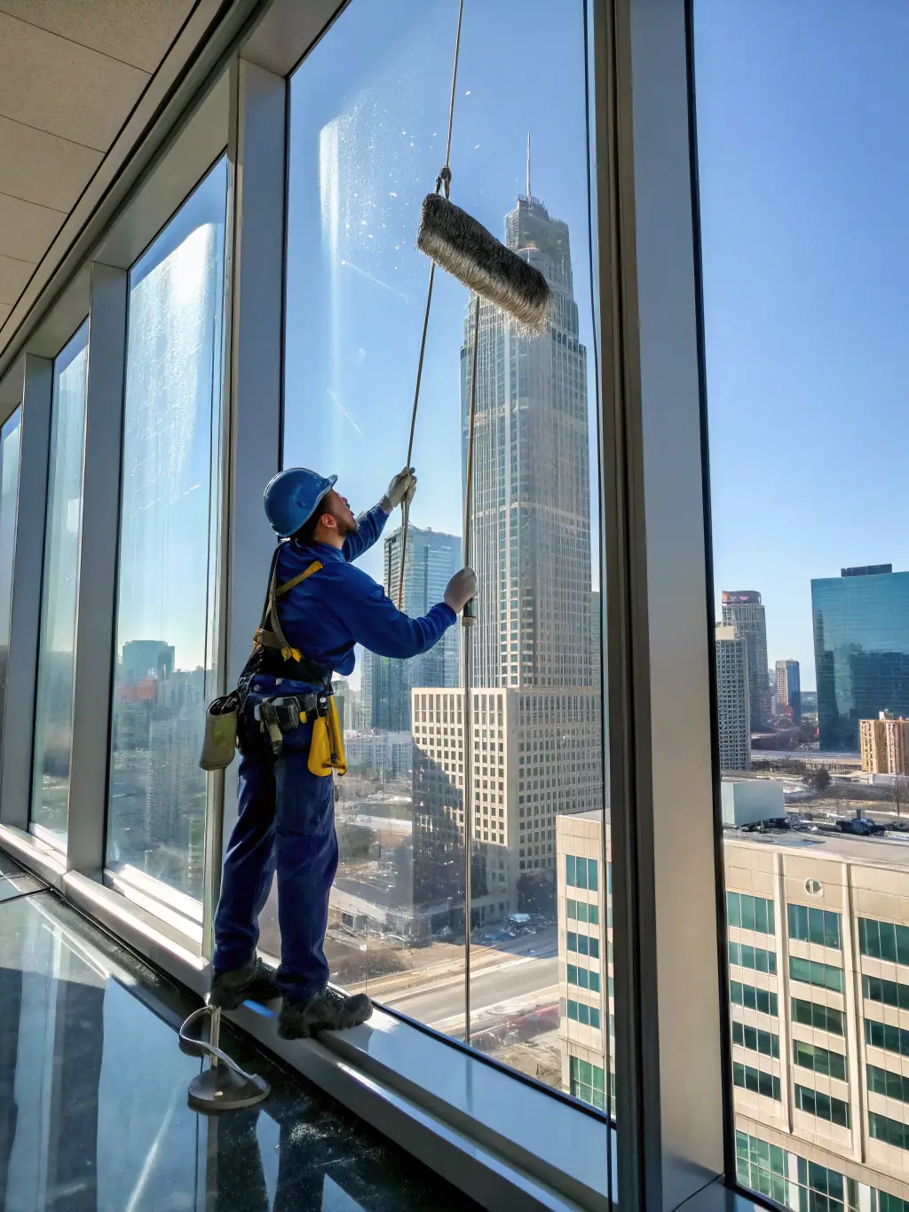 A professional window cleaner using a squeegee on a large office window, demonstrating Alfa Service's window cleaning service.