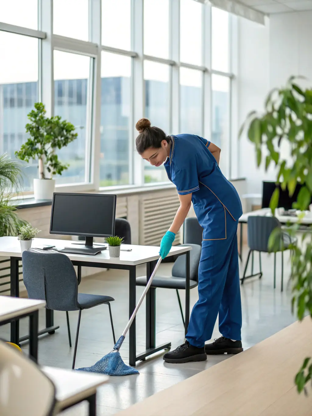 A professional cleaner vacuuming an office space with desks and computers in the background, showcasing Alfa Service's office cleaning service.