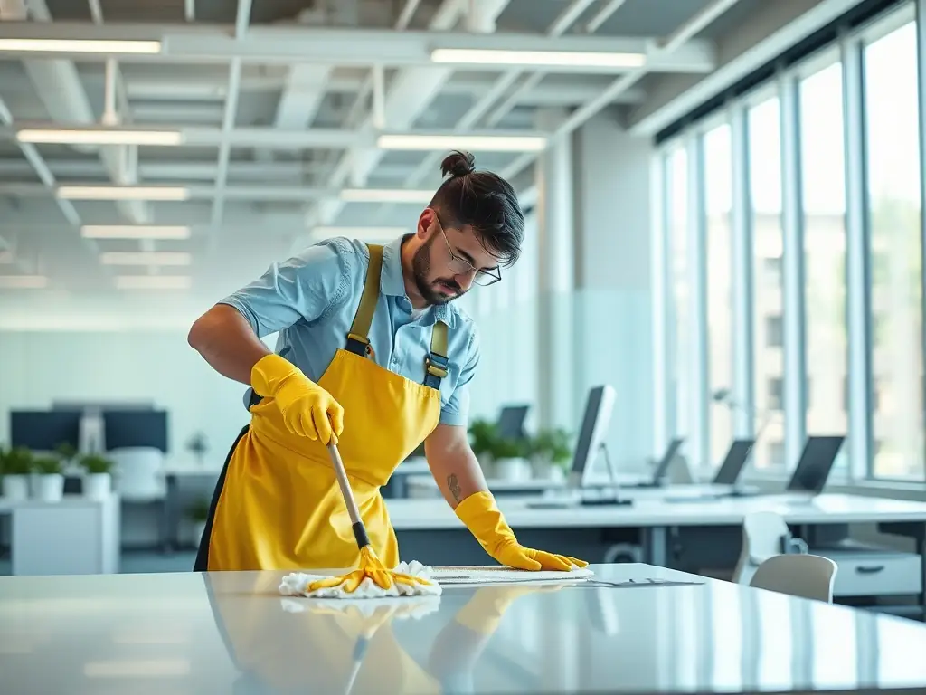 A brightly lit, modern office space being cleaned by a professional cleaner, focusing on dusting and wiping surfaces.