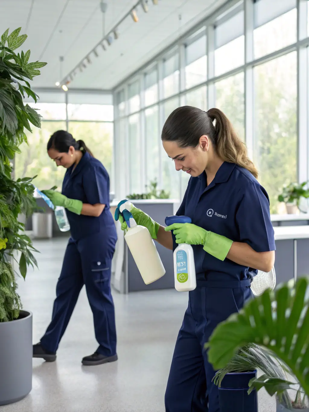 A diverse team of Alfa Service cleaners using eco-friendly products in a bright and modern Solna home, highlighting their commitment to sustainability.