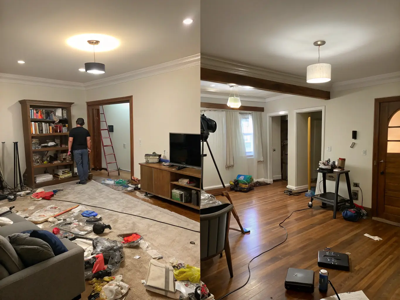A before-and-after shot of an apartment, showing the transformation from cluttered to spotless after a move-out cleaning service.